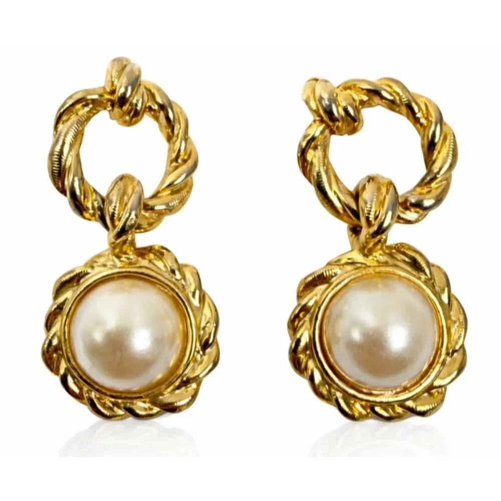 Vintage Anne Klein Gold Rope Twist Pearl Drop Dangle Earrings Statement 1980s